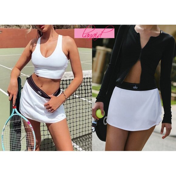 Alo Match Point Tennis Skirt White Black Active Sports Exercise Run Mini Skort - Picture 10 of 17